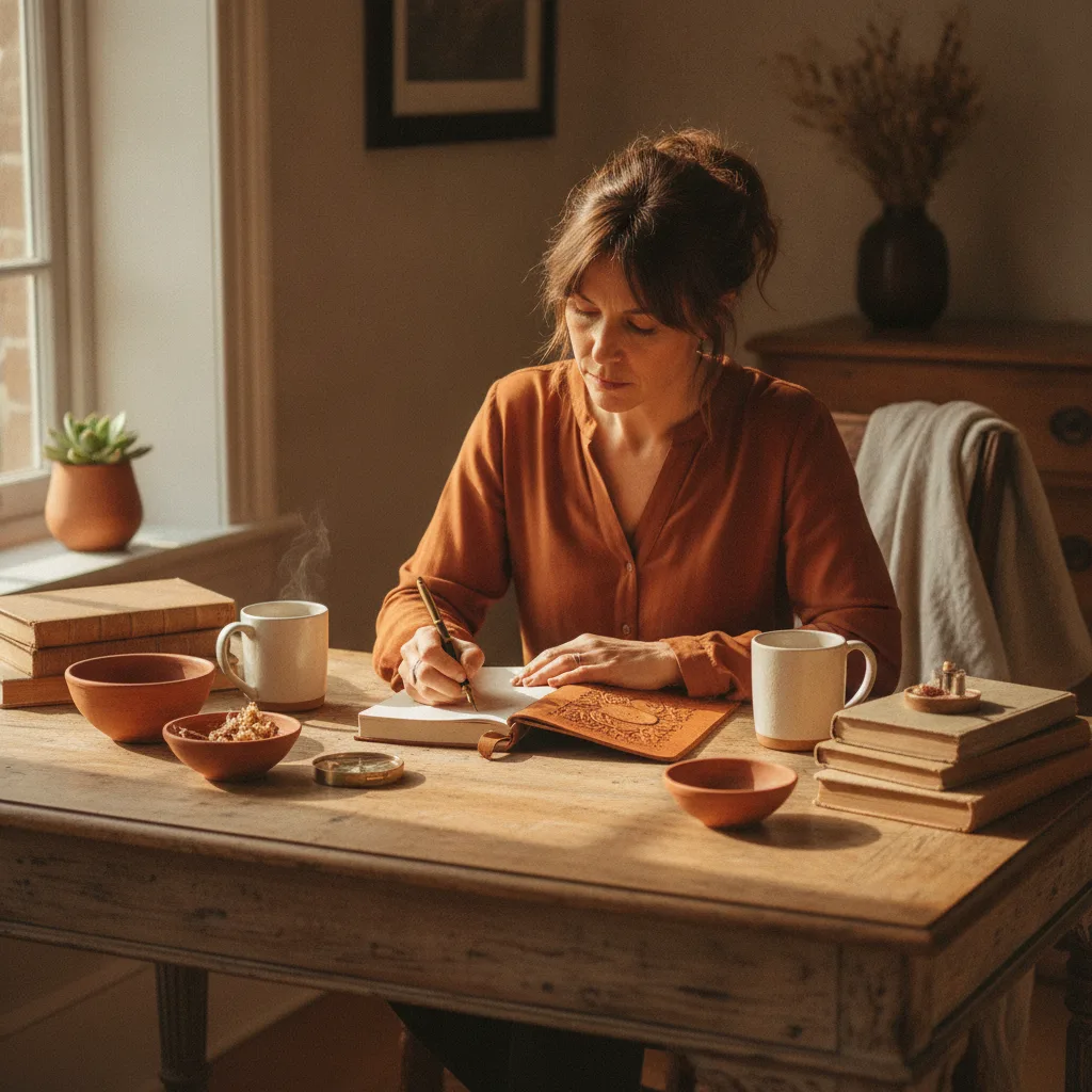 Woman in reflective, focused pose journaling