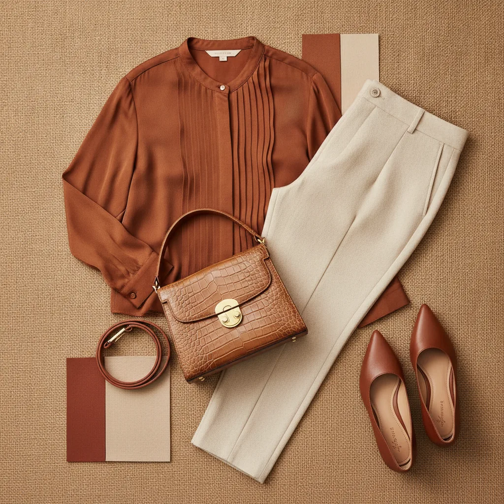 Curated wardrobe flat-lay with warm neutral tones
